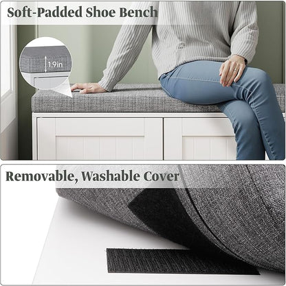 Shoe Storage Bench with Storage Cabinet, 3-Tier Entryway Bench with Padded Seat Cushion, Wood Shoe Cabinet Bench with 4 Adjustable Shelf for Living Room, Bedroom, White