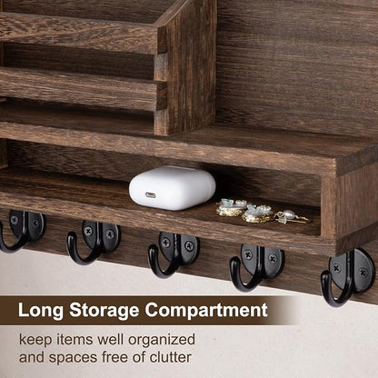 Key and Mail Holder Wall Mount, Key Hanger with Long Storage Box and 5 Hooks for Coat, Dog Leash, Home Decor Rack, House Accessories, Entry Way Organizer 11.8”W x 7.8”H x 3.2”D