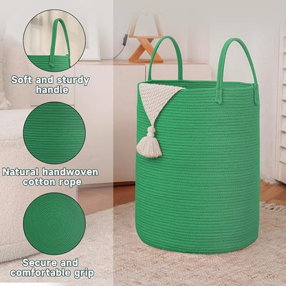 JMvicyroam Large Woven Laundry Basket Hamper,60L Cotton Rope Storage Bin for Blankets,Toys and Clothes,Decorative Tall Nursery Hamper for Living Room,Baby Nursery,Bathroom and Bedroom,Dark Green