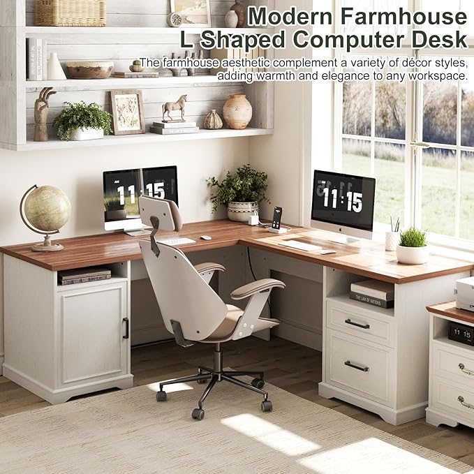 Unikito Farmhouse L Shaped Executive Desk with File Drawers, 60" Corner Computer Desk with Power Outlets, Large 2 Person Home Office Table with Storage Cabinet, Sturdy Writing Desk, White and Brown