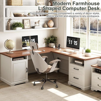Unikito Farmhouse L Shaped Executive Desk with File Drawers, 60" Corner Computer Desk with Power Outlets, Large 2 Person Home Office Table with Storage Cabinet, Sturdy Writing Desk, White and Brown