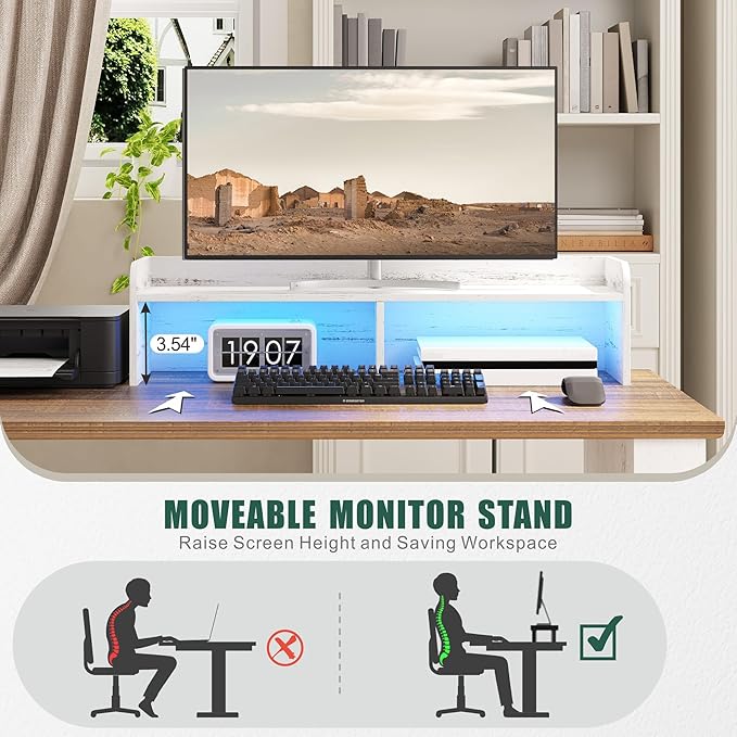 FREDEES Executive L Shaped Desk with Led Lights and Movable Stand, 59 inch Farmhouse Corner Computer Desk with File Drawers, Home Office Desk with Charging Station for Working, Gaming - Antique White