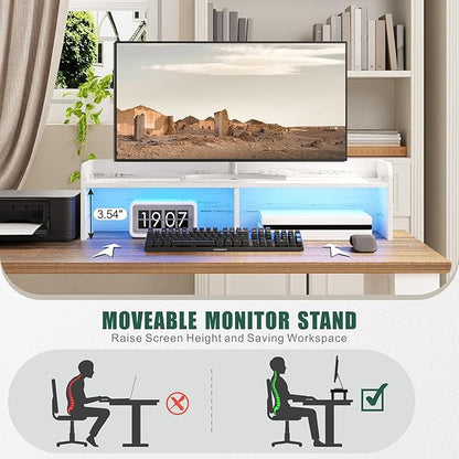 FREDEES Executive L Shaped Desk with Led Lights and Movable Stand, 59 inch Farmhouse Corner Computer Desk with File Drawers, Home Office Desk with Charging Station for Working, Gaming - Antique White