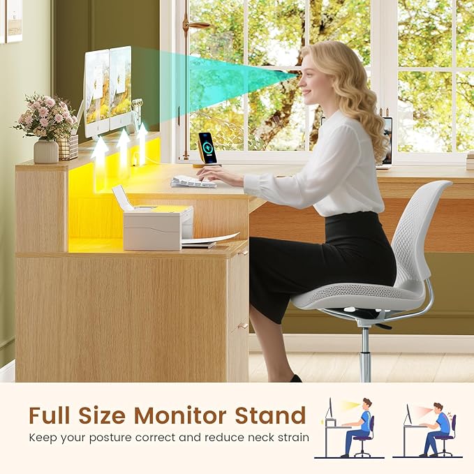 SEDETA 66" Modern L Shaped Desk with Drawers, Fluted Home Office Desk with File Cabinet and Printer Shelf, Wood Executive Desk with Monitor Stand, Power Outlets, Led Lights, Oak