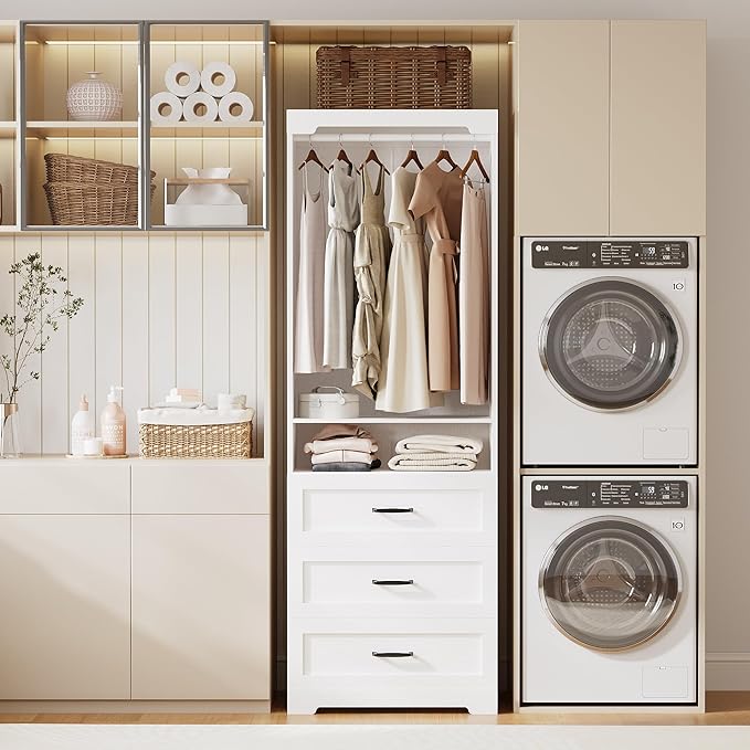 IRONCK Freestanding Closet System with 3 Wood Drawers, Modern Armoire Wardrobe with Adjustable Shelves & Hanging Rod, Walk-in Closet Systems Organizer for Small Closet, White