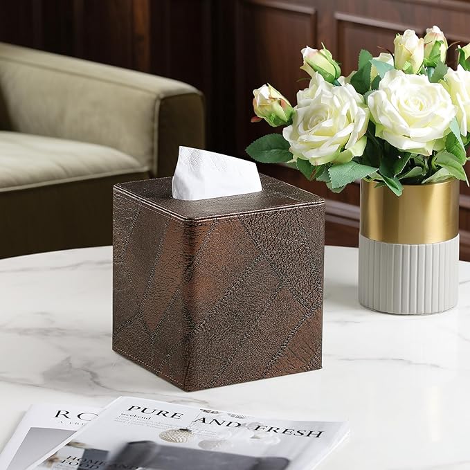Square Tissue Box Cover, Stylish Leather Tissue Box Holder with Magnetic Bottom, Used As A Decorative Tissue Holder for Living Rooms, Bedrooms, and Desks (Brown Vintage)