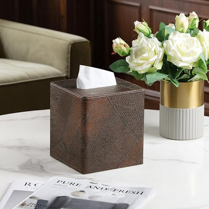 Square Tissue Box Cover, Stylish Leather Tissue Box Holder with Magnetic Bottom, Used As A Decorative Tissue Holder for Living Rooms, Bedrooms, and Desks (Brown Vintage)