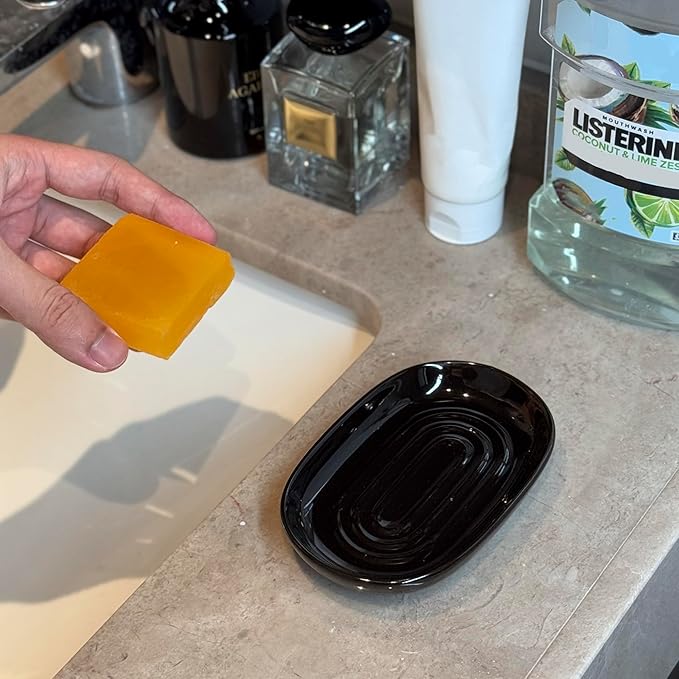 Ceramic Marble Pattern Soap Dish, Textured Raised Soap Saver Tray for Shower Bathroom Kitchen Sink Vanity, Easy to Clean Multi-Use Holder for Bar Soap Jewelry Rings Keys, Black (2 Pack)
