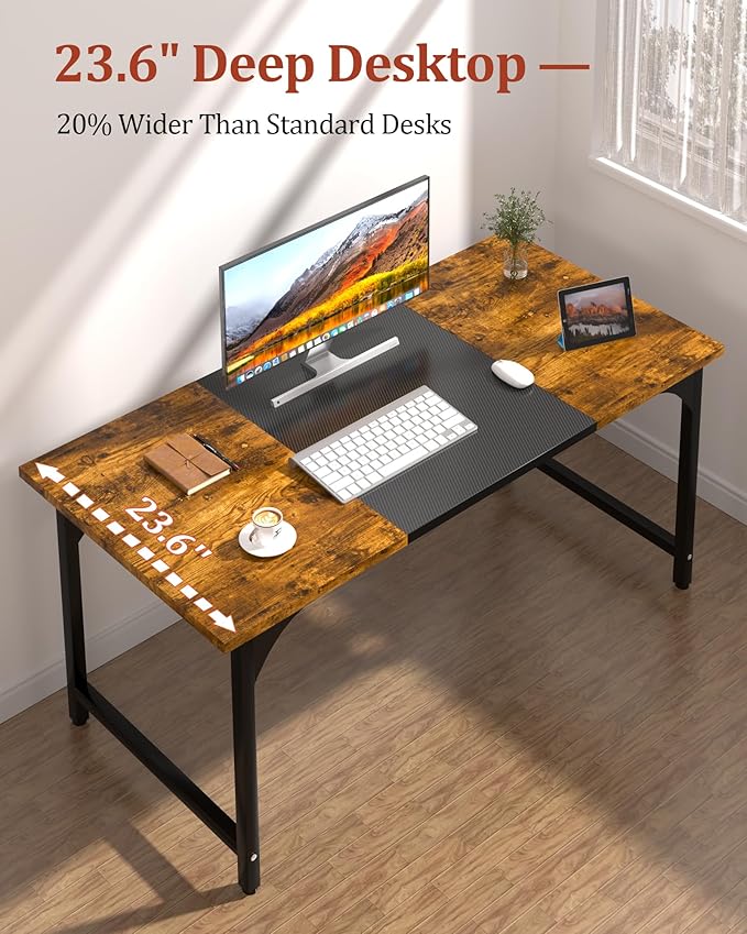 Computer Desk 55.1" Office Desk, Extra Wide 23.62” Carbon Fiber Deep Desktop, 0.59” Thick Heavy-Duty Home Office Desks, Office Table with Steel Frame, Wood Desk for Bedroom Study Writing Gaming Work