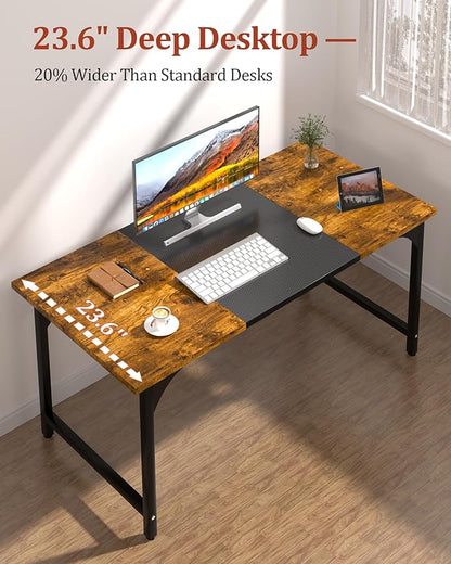 Computer Desk 55.1" Office Desk, Extra Wide 23.62” Carbon Fiber Deep Desktop, 0.59” Thick Heavy-Duty Home Office Desks, Office Table with Steel Frame, Wood Desk for Bedroom Study Writing Gaming Work