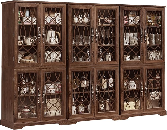 67" Tall Pantry Cabinet Set of 3, Vintage Kitchen Pantries Cabinets with Glass Doors & Adjustable Shelves, Wood Cupboard with Large Storage for Dingning Room, Bathroom, Brown
