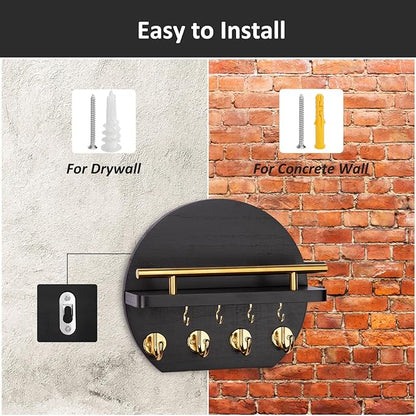 Nekon Key Holder for Wall - 9.8 Inch Apartment Wall Decor with Shelf and 8 Key Hooks, Circular Wood Key Hanger for Home Decor (Black with Golden Hooks)