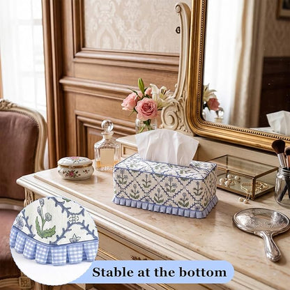 Ruffle Boho Fabric Tissue Box Cover, Handmade Rectangular Blue Green Print Floral Decorative Tissue Box Sleeve Grand Millennial Decor for Bathroom Vanity Home Office