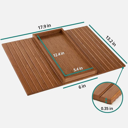 DETOR Couch Arm Tray with Spacious 12.4" x 5.4" Storage Box, Acacia Stained Bamboo Finish, Enhanced Non-Slip Felt Bottom, Sturdy Bamboo Slats, Fits Armrests 6" and Wider