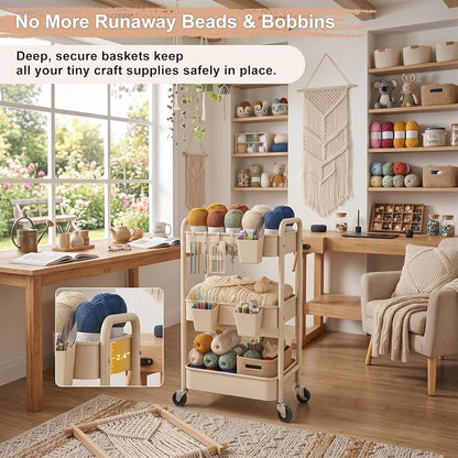 3 Tier Beige Rolling Storage Cart Metal on Wheels, Cream Three Tiered Diaper Caddy with Wheels,Utility Organizer Trolley for Nursery,Postpartum,Art,Craft,Khaki Roller Bedside Carts for Baby Essentials