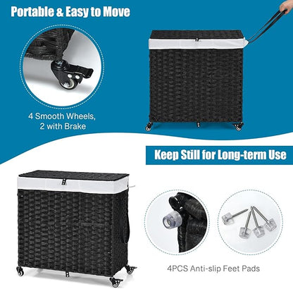 GOFLAME Laundry Hamper with Lid and Wheels, 125L Hand Woven Rattan Laundry Basket with 3 Divided Sections, Handles, 2 Removable and Washable Liner Bags, Dirty Clothes Hamper for Bedroom (Black)