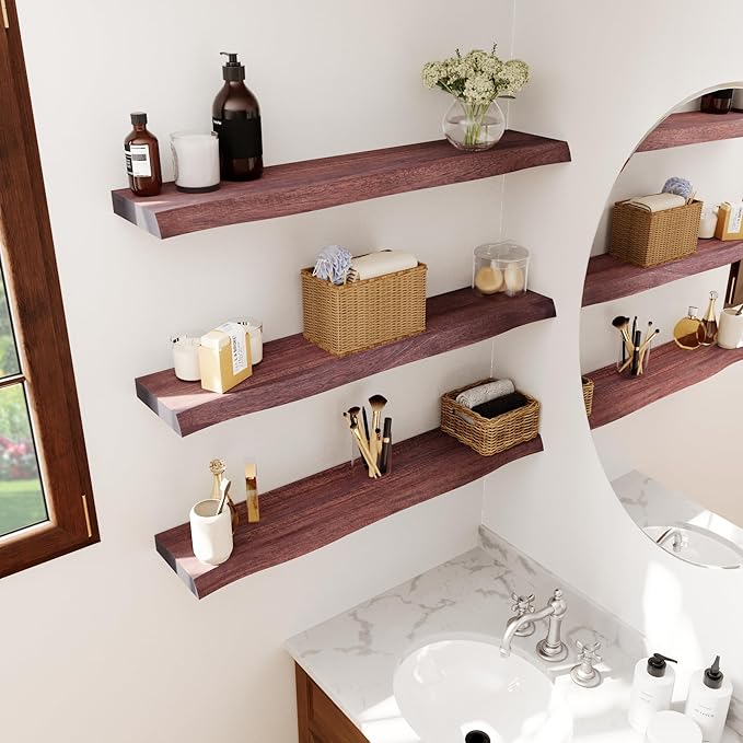 Howizz 24" Acacia Live Edge Floating Shelves Set of 2 - Wall Mounted Wooden Shelf for Stylish Home Décor - Cherry Color 24x7.5x1.5 Inches