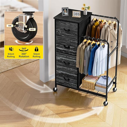 47.3" H Dresser with Hanging Rack, 4 Fabric Drawers with Double Clothes Rack & Wheels, Tall Closet Organizer Dresser for Bedroom, Entryway, Black, 15.8" D x 29.9" W x 47.3" H