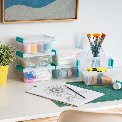 IRIS USA 1 Qt. Craft Storage Bins with Lids, 6-Pack, |Made in USA|, Clip Box, Small Plastic Sensory Bin Tote Organizer Containers for Art Supplies, Paper, & Office, Stackable - Clear/Seafoam Blue