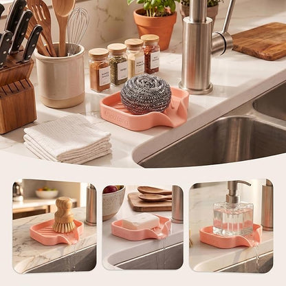 MicoYang Silicone Soap Dish with Drain Spout, Self-Draining Sink Organizer Tray for Bathroom and Kitchen, Sponges, Dispensers and Soap Holder, Non-Slip and Dishwasher Safe, Pink (Compact, 4.9"×3.2")