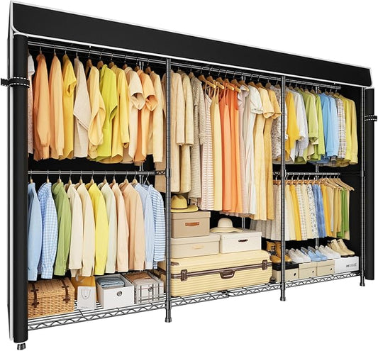 ULIFHOME E14C Max Heavy Duty Closet Organizer System，Freestanding Clothing Racks for Hanging Clothes，Adjustable Garment Rack 86" W × 16" D × 77" H Hold 1060 lbs，Black Rack with Black Cover