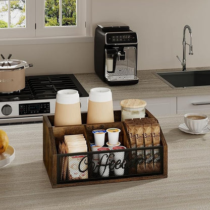 YINMIT Coffee Station Organizer for Countertop, Wood Coffee Bar Organizer with Removable Dividers for Pods, Syrup, Cups, Stirrer, Tea - Office Coffee Bar Accessories, Iron Mesh-Vintage Brown