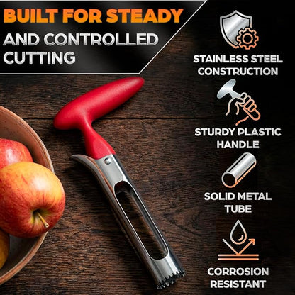 Apple Corer Tool - Apple Core Remover with Ergonomic Red Handle, Durable Food-Safe Stainless Steel 7.3" Fruit Corer for Apples, Peppers, Tomatoes, Cupcakes, Spring Baking & Summer Pies, Easy to Clean