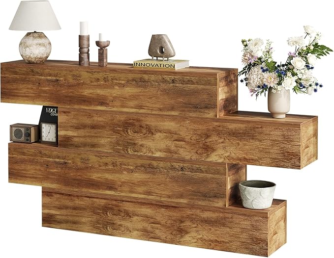 63" Long Farmhouse Console Table for Entryway, Modern Wooden Sofa Table Behind Couch, 4-Tier Storage Entry Table Hallway Table for Living Room, Unique Design Rustic Foyer Table, Walnut