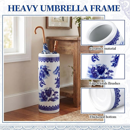 Sawysine Blue and White Ceramic Umbrella Stand, Floral Design Floor Vase for Entryway Indoor Decorative, 19.7" Heavy Porcelain Holder for Umbrellas Canes Home Decor(19.7 Inch,Landscape)