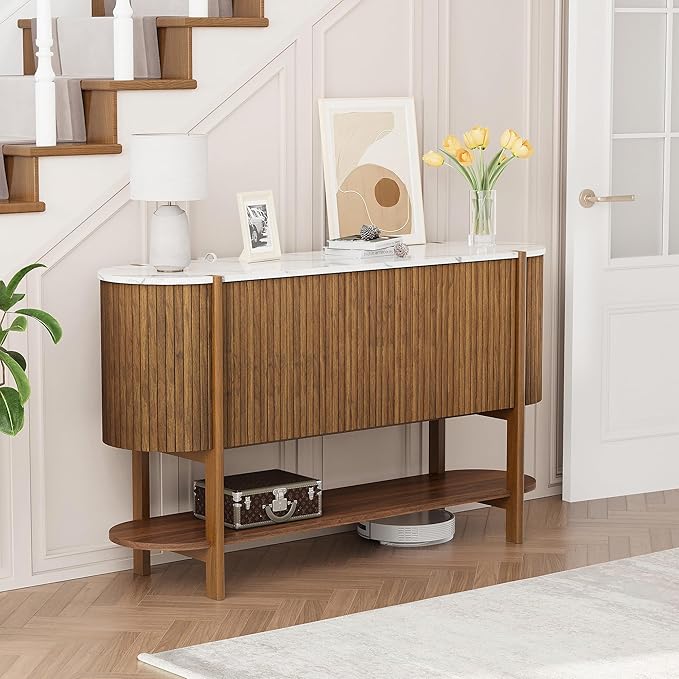 Console Table with Storage, Fluted Entryway Table with 2 Doors and Open Shelf, Long Sofa Table Behind Couch for Living Room, Hallway (Walnut)