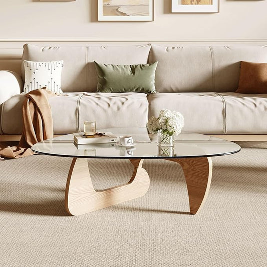 Modern Coffee Table for Living Room and Small Spaces, 35.6" x 25.4" x 15.8" Triangle Tempered Glass Table Top and Solid Wood Base, Natural Wood