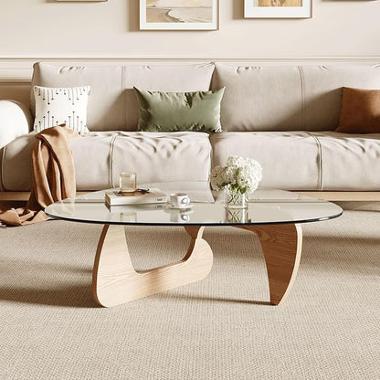 Modern Coffee Table for Living Room and Small Spaces, 43.3" x 29.5" x 15.8" Triangle Tempered Glass Table Top and Eco-Friendly Solid Wood Base, Natural Wood