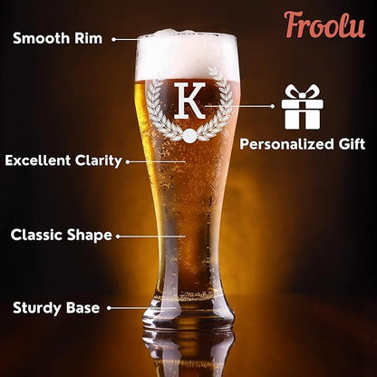 Froolu Customized Gifts for Men - Personalized Beer Glass Set w Engraved Coasters - Monogram Etched Pilsner Glasses Great for Family Home Bar - Valentine's, Housewarming, Christmas & More.