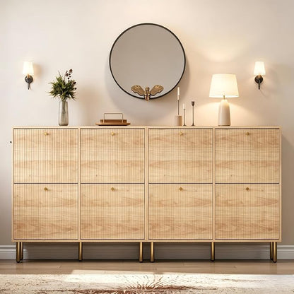 Nicetree Shoe Storage Cabinet for Entryway, Modern Natural Shoe Cabinet with Tiered Fluted Design, 9.5" Slim Shoe Rack for Small Spaces, 4 Flip Drawers Narrow Shoe Cabinet for Small Space