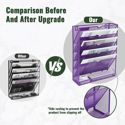 EASEPRES 6 Tier Mesh Hanging Wall File Organizer, Desk Vertical Mail Paper Document Folder Holder Rack with Bottom Tray and Nametag Label for Office Home School, Purple