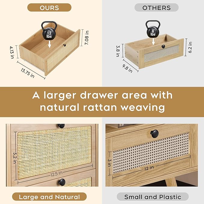 XIAO WEI Natural Rattan Nightstand Set of 2, Boho Night Stand with Drawer and Open Shelf, Bedside Table Accent Cane End Table Side Table for Bedroom Living Room, Metal Legs/Small/Natural