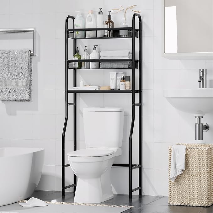 3 Tier Over The Toilet Storage Shelf, Black Bathroom Over The Toilet Storage Rack, Space Saving Above Toilet Storage Shelf with Vinyl Mesh Surface, Bathroom Toilet Shelf Rack Organizer