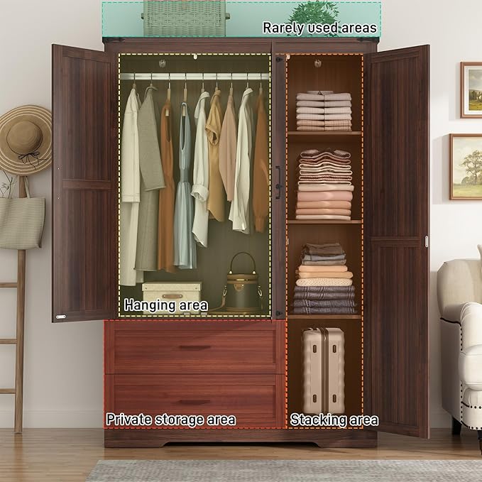 St.Mandyu Farmhouse Wardrobe Armoire Closet with 3 Doors and 2 Drawers, 70.1" Wooden Clothing Storage Cabinet, Freestanding Large Capacity Storage Wardrobe Armoire with Hanging Rod for Bedroom, Brown
