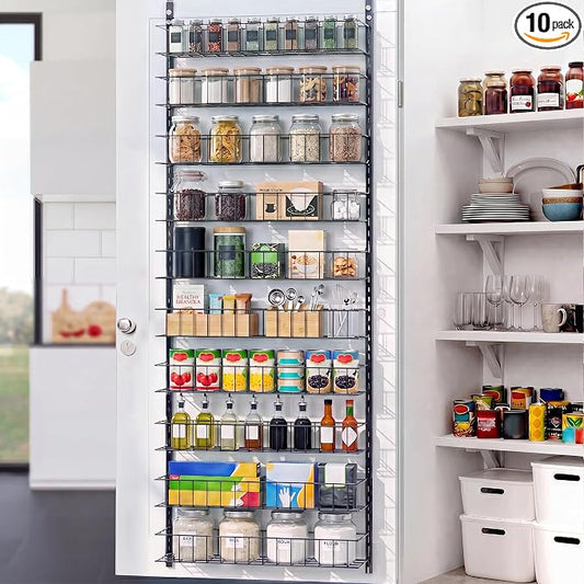 ElegantArray 10-Tier Pantry Door Oragnizer, Over The Door Pantry Organizer Rack and Storage, Hanging Spice Rack Shelves Door, Home Office Laundry Room Bathroom & Kitchen Organization, Black