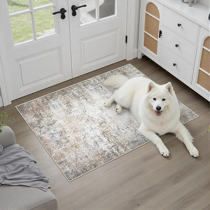 Washable Area Rug 2x3 Entryway Rug: Washable Modern Abstract Soft Thin Rug Indoor Floor No Slip Stain Resistant Carpet for Bedroom Dining Room Farmhouse Nursery Home Office - Brown Grey
