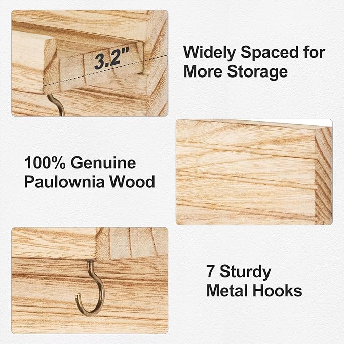 Decorative Key Holder for Wall with Shelf, Entryway Shelf with Hooks Holds Leashes, Jackets and Glasses – Sturdy Wood Keyholder Entrance Hanger with Mounting Hardware (Wood, Large)