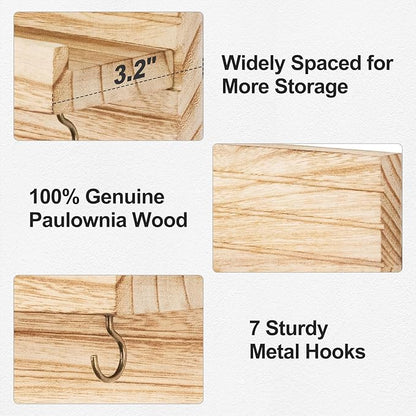 Decorative Key Holder for Wall with Shelf, Entryway Shelf with Hooks Holds Leashes, Jackets and Glasses – Sturdy Wood Keyholder Entrance Hanger with Mounting Hardware (Wood, Large)