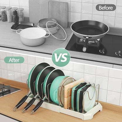 Pots and Pans Organizer for under Cabinet, Pan Pot Organizers inside Cabinet, Expandable Organizer with 10 Adjustable Dividers for Cookie Sheets, Cutting Boards, Pot Lids, Cookware - Frying Pan Rack