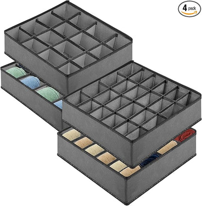 Garnen 24-Cell Drawer Organizer 4 Pack, 12x12x4 Inch Foldable Storage Box for Socks, Underwear, Bras & Ties, Closet Organizer Dividers to Maximize Dresser Drawer & Wardrobe Space, Gray