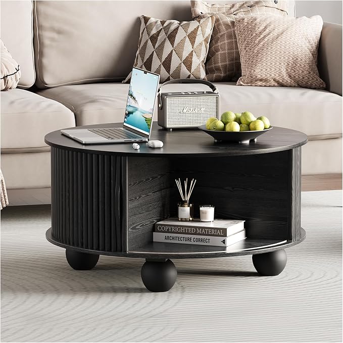 SULIVES Round Coffee Table with Storage, Unique Circle Coffee Table with Sliding Door,Fluted Accent Center Table with Bun Feet for Living Room, Black