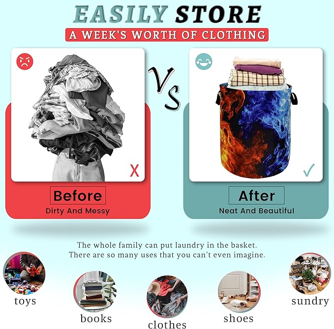 Red Blue Fire Flame Laundry Basket Foldable With Handles Cool Tote Bag Oxford Cloth Colorful Laundry Hamper Clothes Storage Bucket Toy Organizer For Bathroom/Laundry/Bedroom 18.9" x 16.5 "