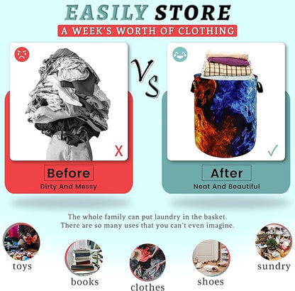 Red Blue Fire Flame Laundry Basket Foldable With Handles Cool Tote Bag Oxford Cloth Colorful Laundry Hamper Clothes Storage Bucket Toy Organizer For Bathroom/Laundry/Bedroom 18.9" x 16.5 "