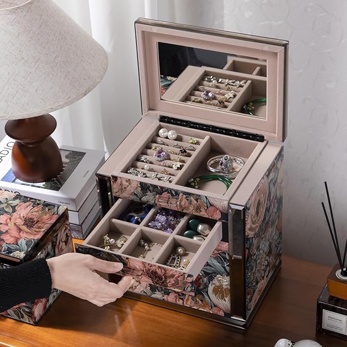 High End Glass Jewelry Box - 5 Layer Jewelry Organizer with 2-Sided Doors and Mirror - Velvet-Lined Organizer For Ring, Necklace, Earring, Bracelet Storage - Christmas Gifts For Women