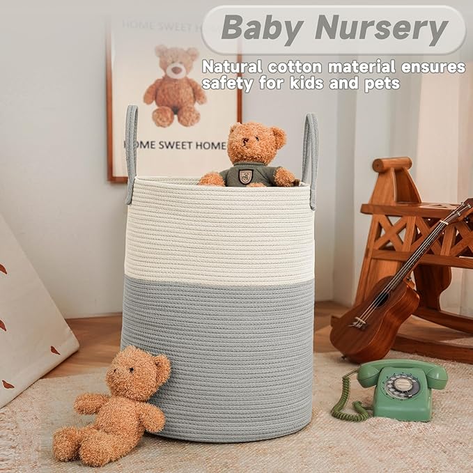 JMvicyroam Large Woven Laundry Basket Hamper,80L Cotton Rope Storage Bin for Blankets,Toys and Clothes,Decorative Tall Nursery Hamper for Living Room,Baby Nursery,Bathroom and Bedroom,White and Grey