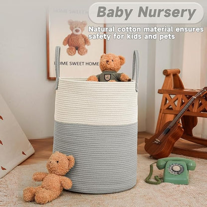 JMvicyroam Large Woven Laundry Basket Hamper,80L Cotton Rope Storage Bin for Blankets,Toys and Clothes,Decorative Tall Nursery Hamper for Living Room,Baby Nursery,Bathroom and Bedroom,White and Grey